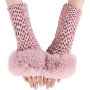 Women's Pink Knitted Fingerless Faux Fur Wrist Cuff Thumb Hole Warmers Gloves